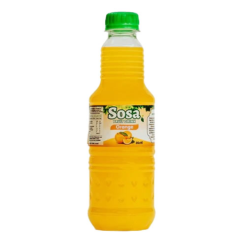 Plastic bottle of Sosa orange fruit drink with a green cap and bright orange liquid visible through the bottle's ribbed design.
