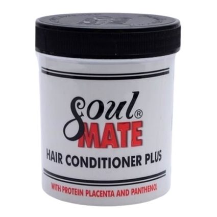 White jar of Soul Mate Hair Conditioner Plus with a black lid and bold branding on the label, viewed head-on for product identification in a shop image.