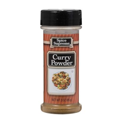 Spice Supreme Curry Powder bottle with a black cap and label reading 'Curry Powder' beside a small image of a bowl of seasoned vegetables.