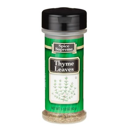 Spice Supreme Thyme Leaves bottle: green container with black shaker cap and thyme illustration on label