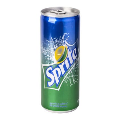 Tall aluminum Sprite can with a blue-to-green gradient and splash graphics, containing lemon-lime soda.