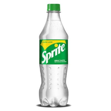 Full plastic Sprite soda bottle standing upright with a green label on a white background.