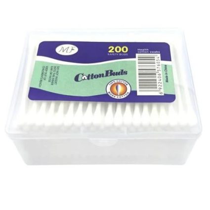 Boxed pack of 200 cotton buds in a clear plastic case with a purple and green label.