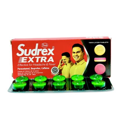 Red Sudrex Extra headache and fever medicine box with two smiling men on the packaging and green capsules in a blister tray in front.