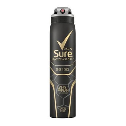 Black sports bottle with a red nozzle and gold lettering: 'Sure Men MotionSense Sport Cool' branding.