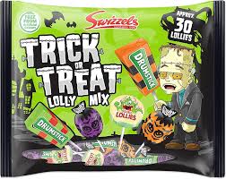 Halloween-themed Swizzels Trick or Treat Lolly Mix package with colorful cartoon characters on a bright wrapper.