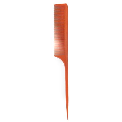 Orange plastic tail comb with fine teeth used for hair sectioning and styling.