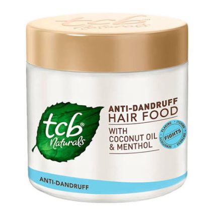 Jar of TC Naturals Anti-Dandruff Hair Food with coconut oil and menthol, gold lid, white container with blue accent and green leaf logo