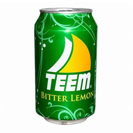 Green TEEM Bitter Lemon soda can with a white sail logo and decorative swirls on the label.