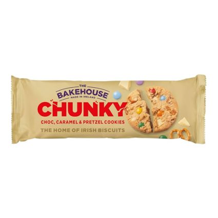 Beige Bakehouse Chunky cookie package for choc, caramel & pretzel cookies, showing a cookie image on the right and colorful candy bits.