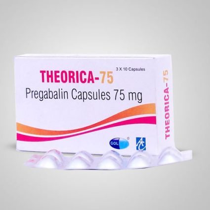 Box of THEORICA-75 Pregabalin Capsules 75 mg with a row of blister packs in front.
