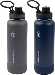 Two insulated water bottles with flip-top caps, gray and navy blue, standing side by side with carrying loops on top of each cap.