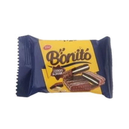 Pack of Bonito chocolate cream wafer cookies in blue-and-yellow packaging, showing chocolate-covered wafers.