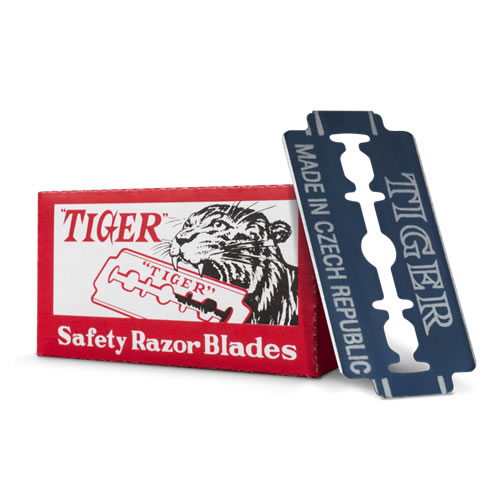 Tiger Double Edge Safety Razor Blades - Imavug Red Tiger Safety Razor Blades box with a blue double-edged razor blade leaning against it; blade is labeled 'Made in Czech Republic'