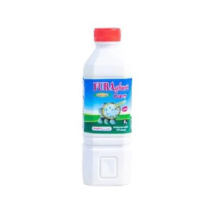 White plastic bottle with a red cap and a blue label featuring a cartoon cat, upright with a built-in dispenser at the base