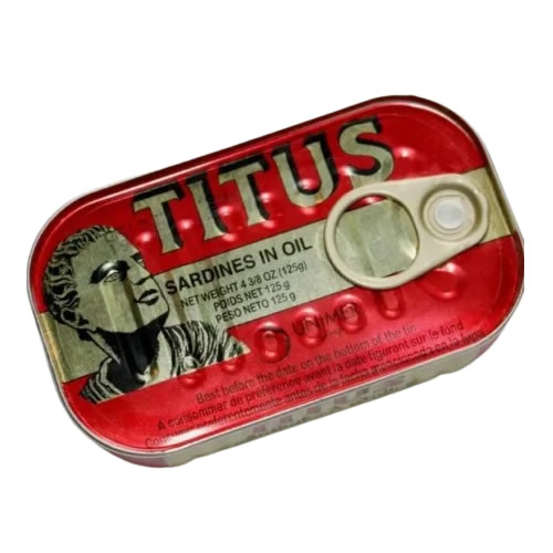 Titus Sardine 125g - Imavug Red tin labeled 'TITUS' sardines in oil with a pull-tab and classical figure imagery on the label.