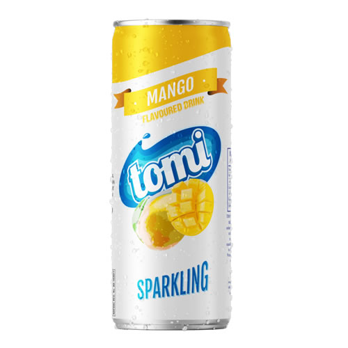 Can of Toni Mango sparkling drink with blue logo and mango graphic on white can (drinking beverage)