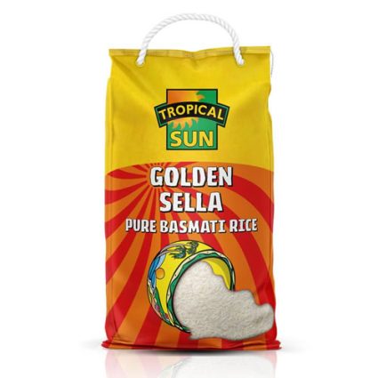 Tropical Sun Golden Sella Pure Basmati Rice bag with yellow and red design and white rope handle