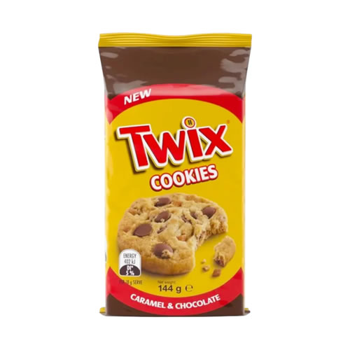 Twix Cookies Caramel and Chocolate 144g - Imavug Twix Cookies bag in yellow and brown packaging, caramel & chocolate flavor, with cookie image on the front