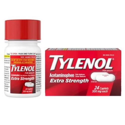 Tylenol Extra Strength acetaminophen bottle and matching red box, 24 caplets of 500 mg each.