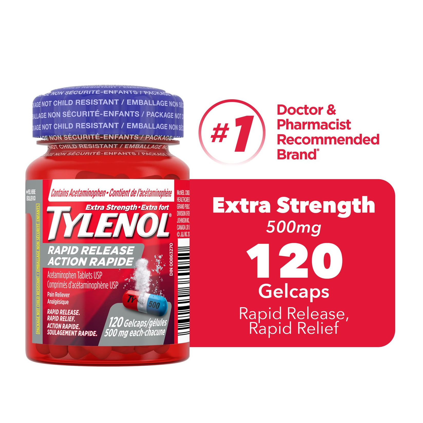 Tylenol Extra Strength Rapid Release Gelcaps 500mg - Imavug Tylenol bottle with red label and blue cap, advertising