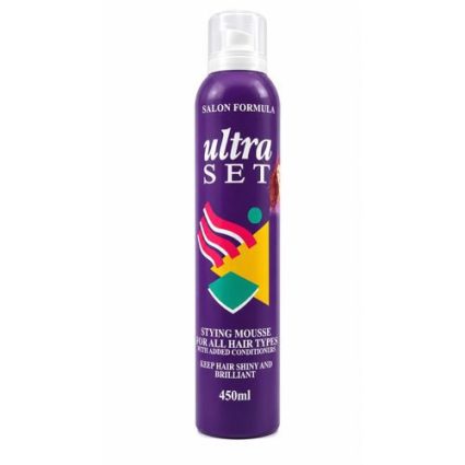 Purple bottle of Salon Formula Ultra Set styling mousse for all hair types, 450ml, white cap visible at top.