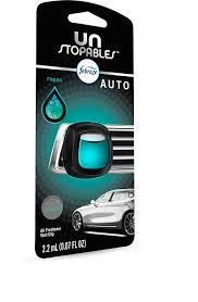 Car air freshener packaging labeled 'Unstopables Auto' with hanging tab, showing a blue gel insert and a small car illustration.