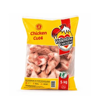 Bag of frozen chicken wings in yellow and red packaging labeled 'Valentine Chickens', 5 kg