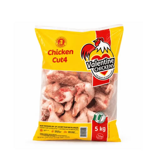 Valentine Chickens Frozen Whole Chicken Premium 5kg Pack - Imavug Bag of frozen chicken wings in yellow and red packaging labeled 'Valentine Chickens', 5 kg