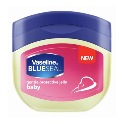 Container of Vaseline Blue Seal gentle protective jelly for babies, pink label, blue lid, with a NEW badge