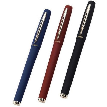 Three BAOKE pens with navy blue, brown, and black bodies, featuring gold clips and silver tips placed diagonally against a white background.