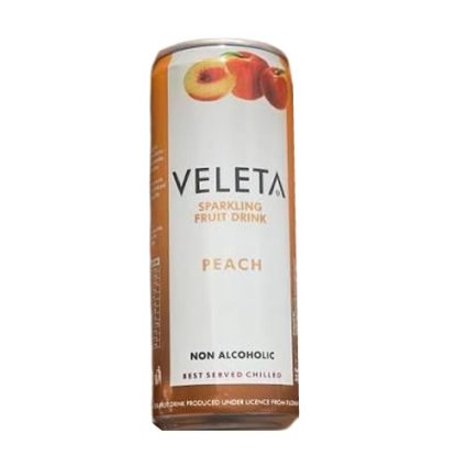 Can of Veleta peach sparkling fruit drink, non-alcoholic, with peach graphics on the top of the can