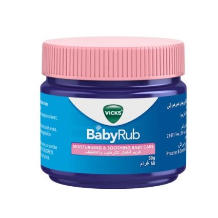 Blue jar of Vicks BabyRub moisturizing and soothing baby care cream with a pink screw‑on lid; label shows 'Vicks BabyRub' in white text.
