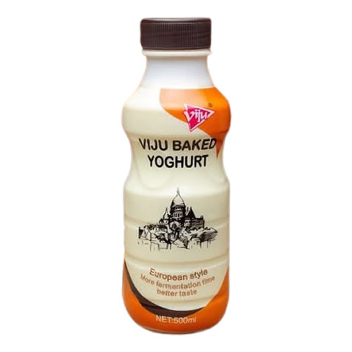 Viju Baked Yogurt Drink 500ml - Imavug Bottle of Viju baked yoghurt, 500 ml, European style, beige label with a city illustration and orange bottom, brown cap.