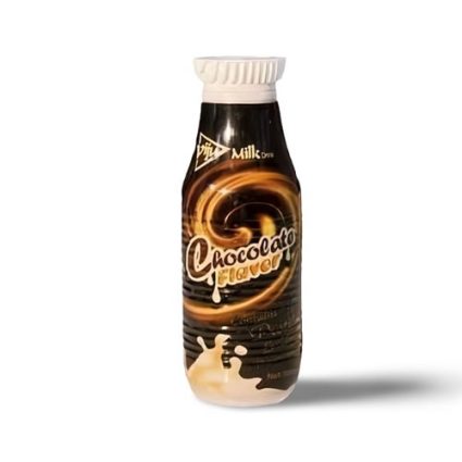 Chocolate milk drink in a dark plastic bottle with a white cap, labeled 'Chocolato' with chocolate swirl imagery.