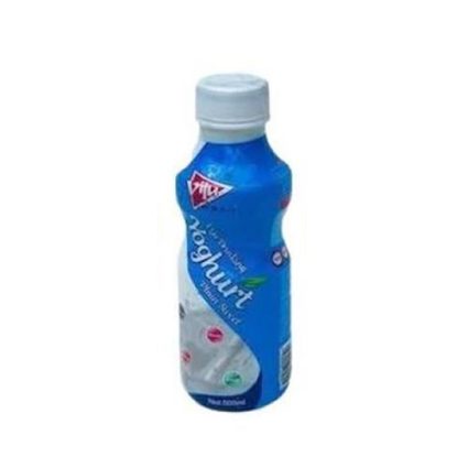 Blue plastic beverage bottle with white cap, labeled as a fruit-flavored drink with colorful fruit icons on the label.