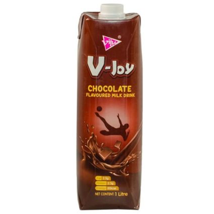1-liter carton of V-Joy chocolate flavoured milk drink with a milk splash graphic on brown packaging and a silhouette figure jumping above the splash.