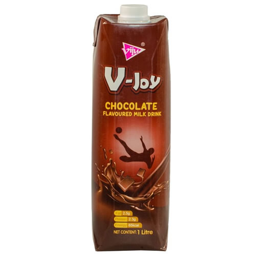 Viju V-Joy Chocolate Flavoured Milk Drink 1L - Imavug 1-liter carton of V-Joy chocolate flavoured milk drink with a milk splash graphic on brown packaging and a silhouette figure jumping above the splash.