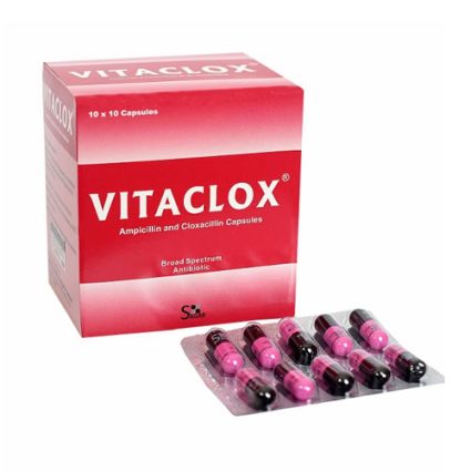Box of VITACLOX antibiotic capsules with blister pack of pink and black pills beside it.