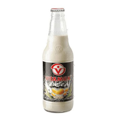 White VitaMilk Energy bottle with red logo on a black label and a citrus fruit graphic.