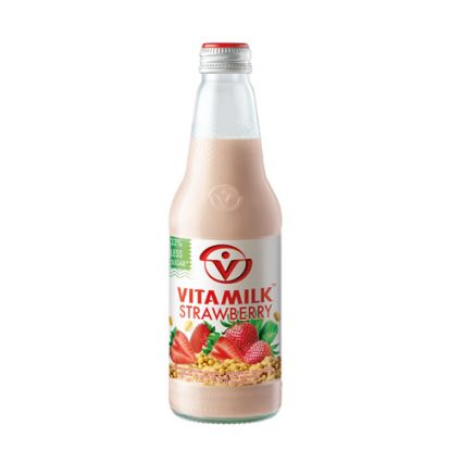 Vita Milk Strawberry flavored drink in a glass bottle with label showing strawberries and cereals.