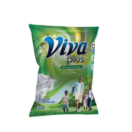 Bag of Viva Plus detergent powder with a green swirl design and a family playing soccer on the grass (Active Whitening).