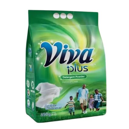 Viva Plus detergent powder bag with green/yellow design, showing family illustration and 850 g label, Active Whitener text visible.