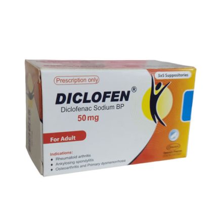Box of Diclofen 50 mg (Diclofenac Sodium BP), prescription-only for adults; includes indications like rheumatoid arthritis and osteoarthritis on the package.