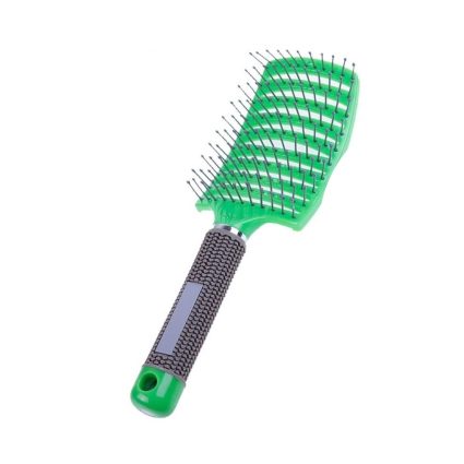 Green detangling hairbrush with a black textured handle and metal bristles on a green paddle