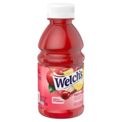 Bottle of Welch's Fruit Punch juice with a white cap and red liquid, brand label visible on the pink/red bottle.