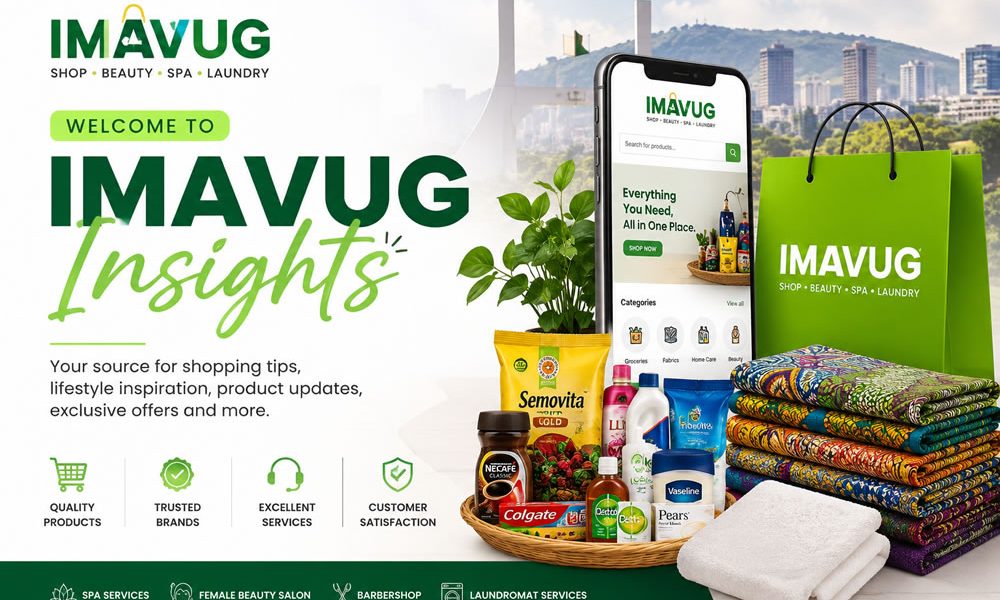Banner promoting IMAVUG Insights for a shopping and lifestyle site with products, a green shopping bag, and a smartphone mockup showing the site.