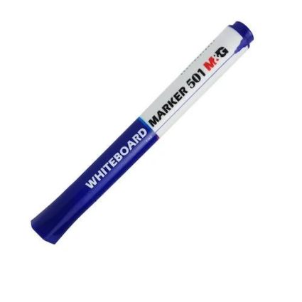 Diagonal view of a blue-capped whiteboard marker labeled 'WHITEBOARD MARKER 501'