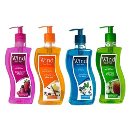Four Wind hand wash bottles with pink, orange, blue, and green pumps, lined up in a row (strawberry, vanilla, lavender, apple).