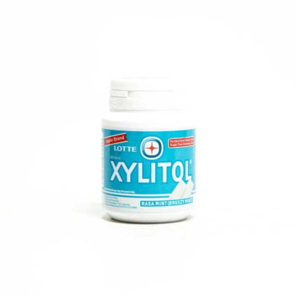 Lotte Xylitol chewing gum bottle in Breezy Mint flavor on a white background